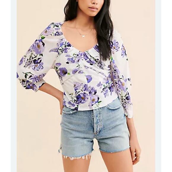 Anthropologie Blouse S V Neck Ruched Purple Floral Ballon Sleeve Boho Summer Top - Picture 11 of 11